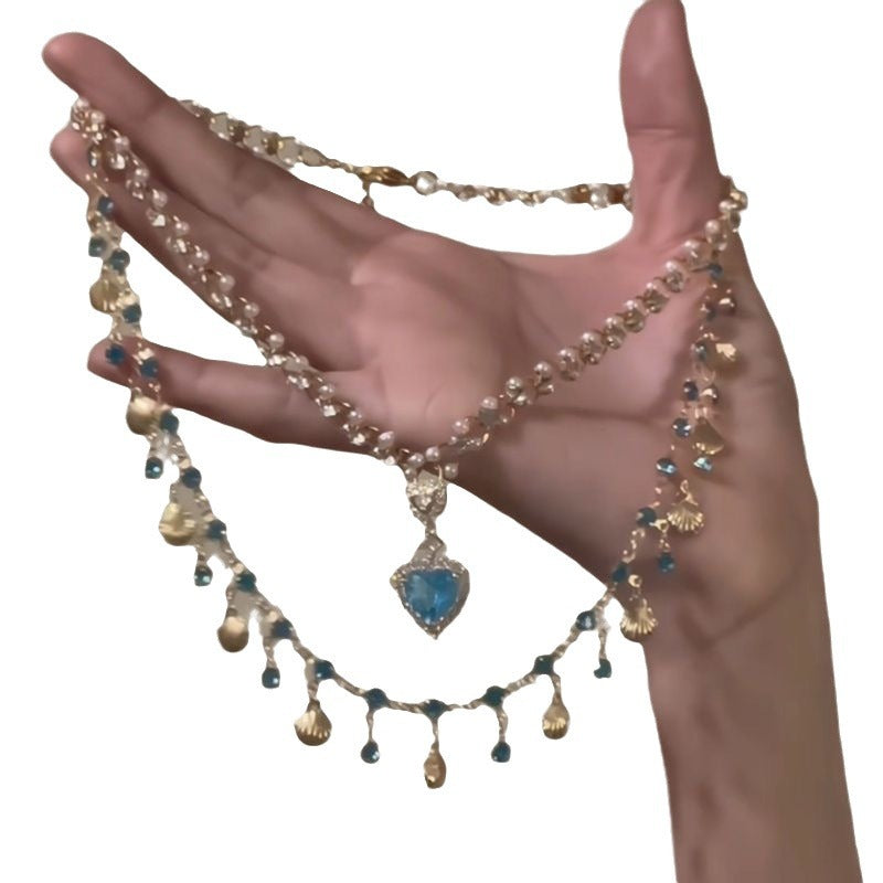 Shell Aquamarine Zircon Tassel Necklace Vintage Clavicle Chain